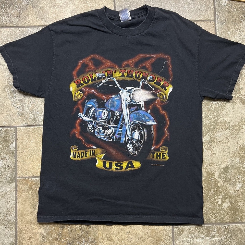 Vintage 90s Biker Lightning AOP Shirt Large Men Motorcycle Pinup Black Faded Tee